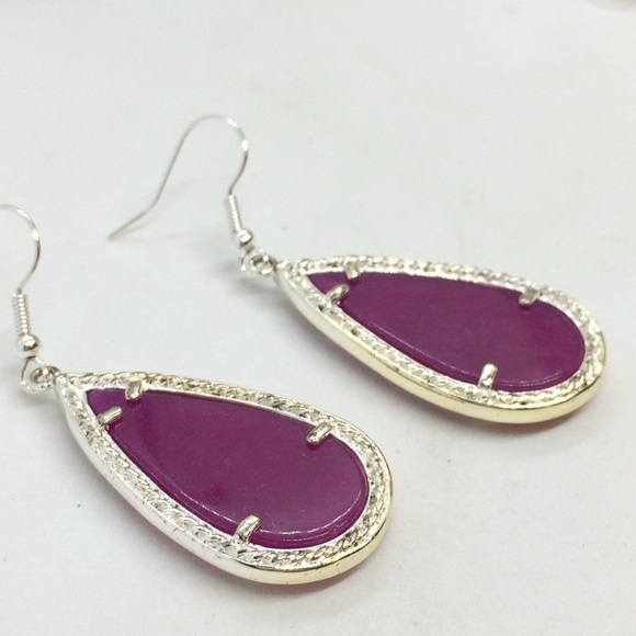 PURPLE NEPHRITE JADE TEAR DROP EARRINGS SILVER TONE DANGLE DROP CAGED - Picture 8 of 10